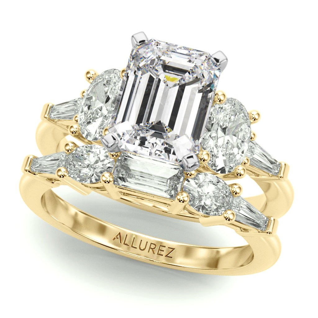 Emerald Cut Moissanite Diamond Engagement Ring Bridal Set 14K Yellow Gold (4.93ct)