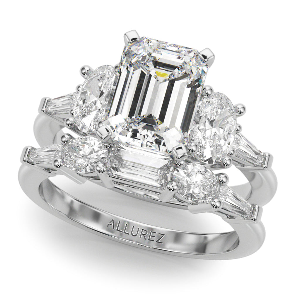 Emerald Cut Moissanite Diamond Engagement Ring Bridal Set in Palladium (4.93ct)
