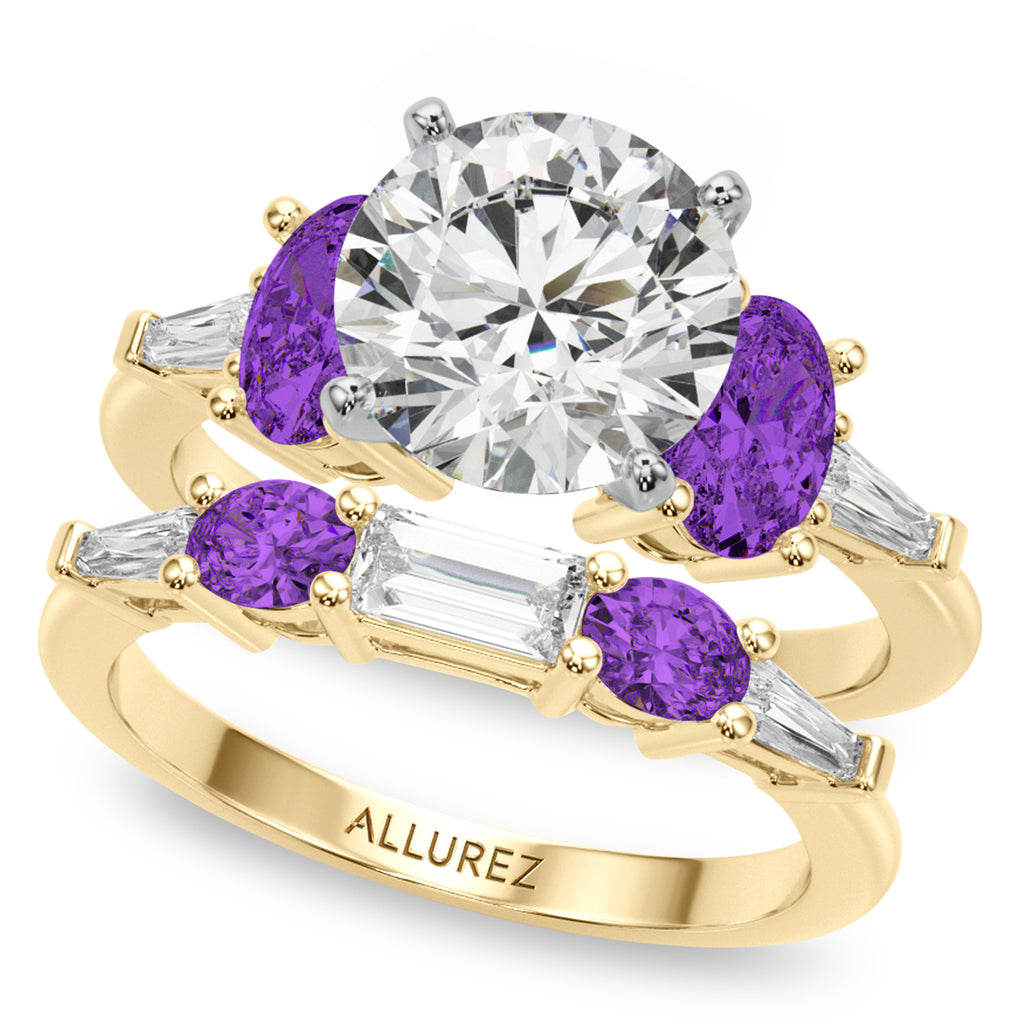 Round Lab Diamond & Oval Amethyst Bridal Set 14K Yellow Gold (4.65ct)