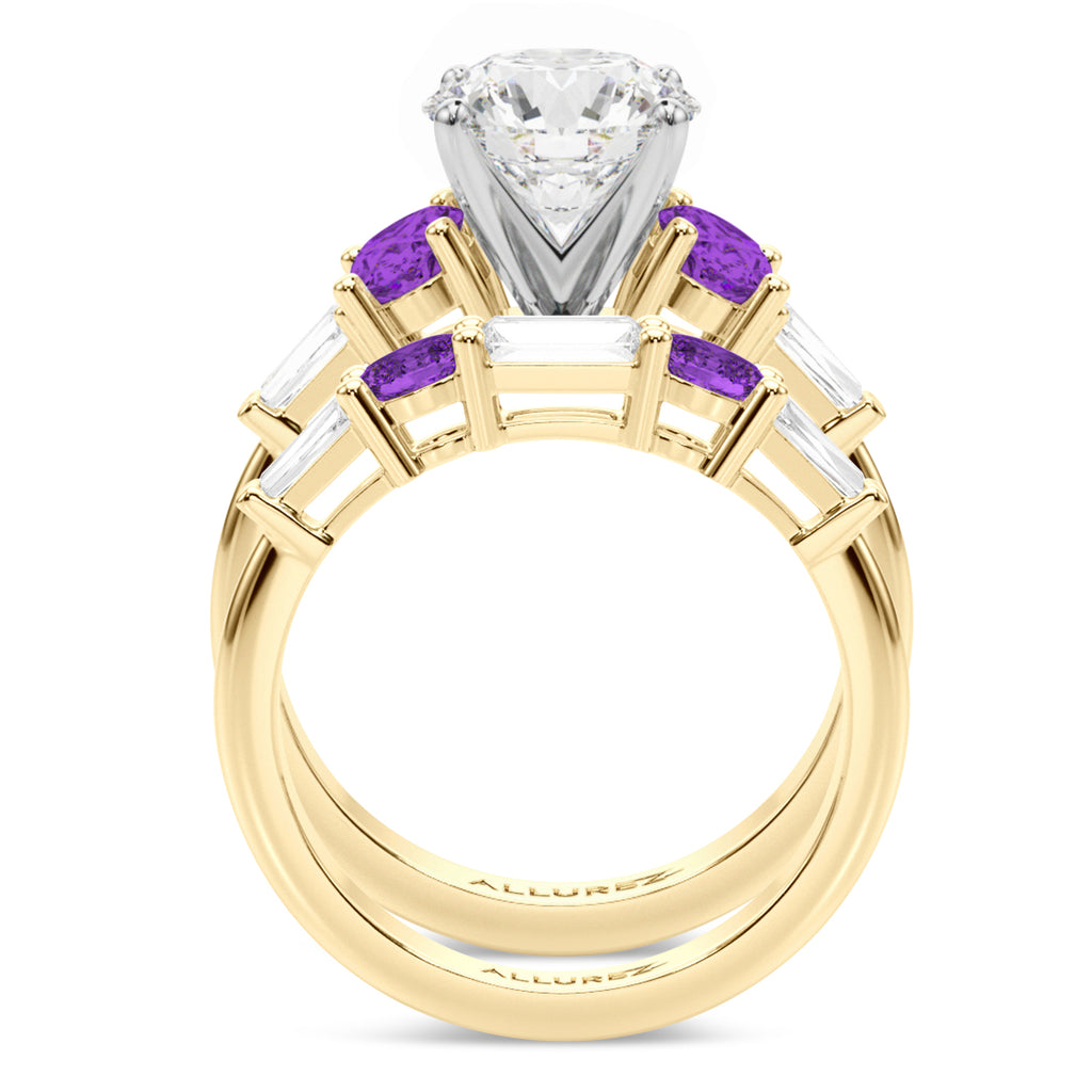 Round Lab Diamond & Oval Amethyst Bridal Set 14K Yellow Gold (4.65ct)
