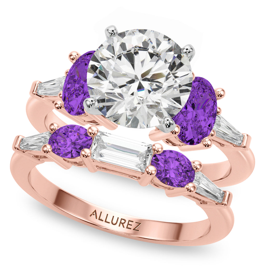 Round Lab Diamond & Oval Amethyst Bridal Set 18K Rose Gold (4.65ct)