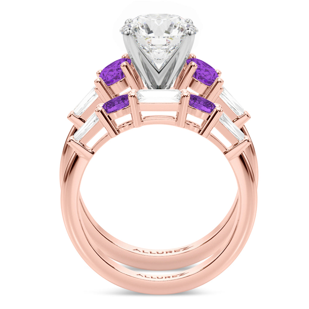 Round Lab Diamond & Oval Amethyst Bridal Set 18K Rose Gold (4.65ct)