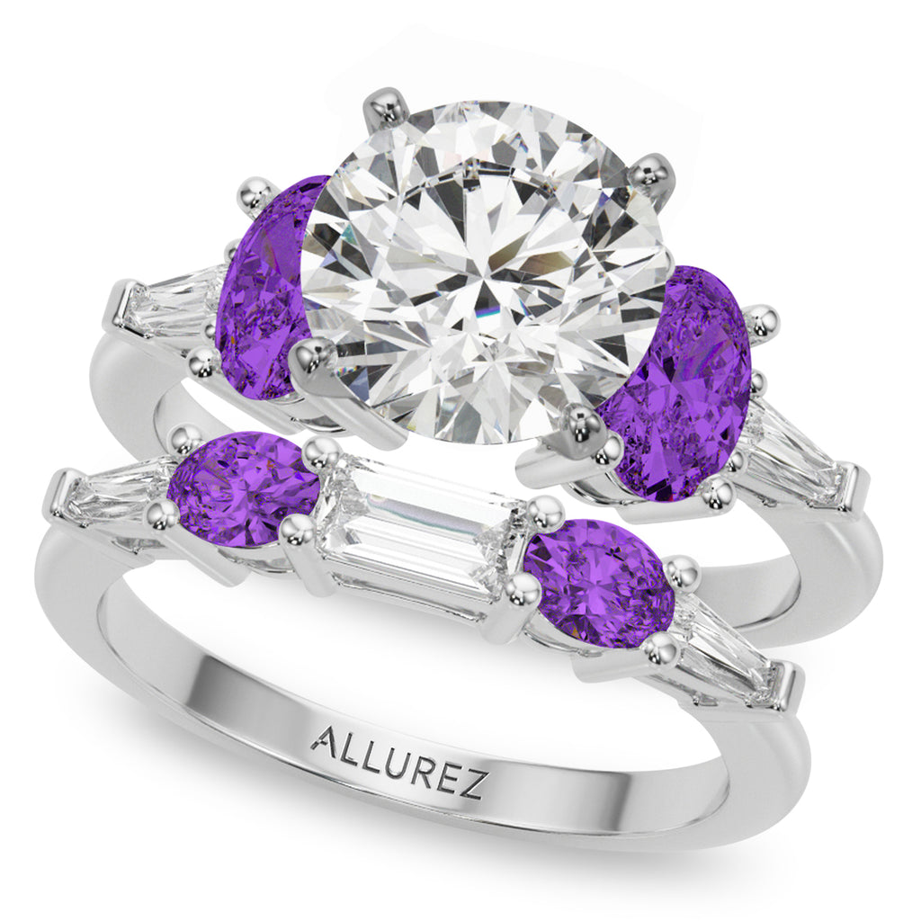 Round Lab Diamond & Oval Amethyst Bridal Set 18K White Gold (4.65ct)