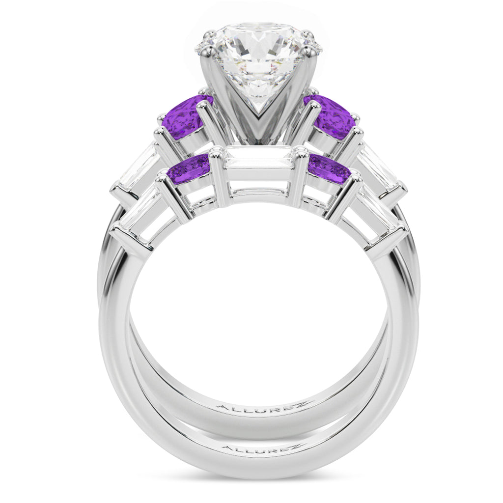 Round Lab Diamond & Oval Amethyst Bridal Set 18K White Gold (4.65ct)