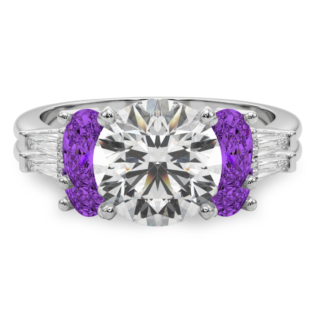 Round Lab Diamond & Oval Amethyst Bridal Set in Palladium (4.65ct)