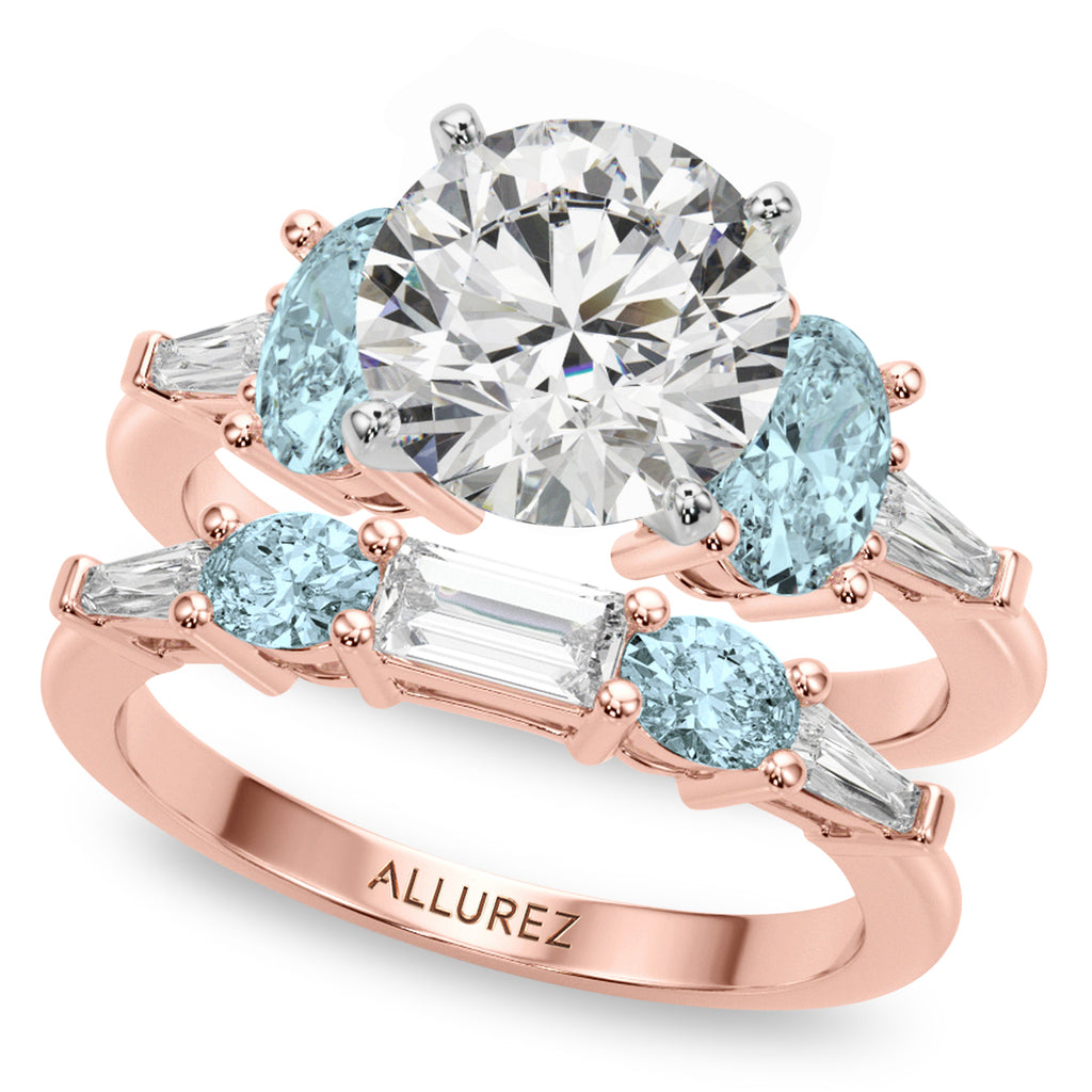 Round Lab Diamond & Oval Aquamarine Bridal Set 14K Rose Gold (4.65ct)