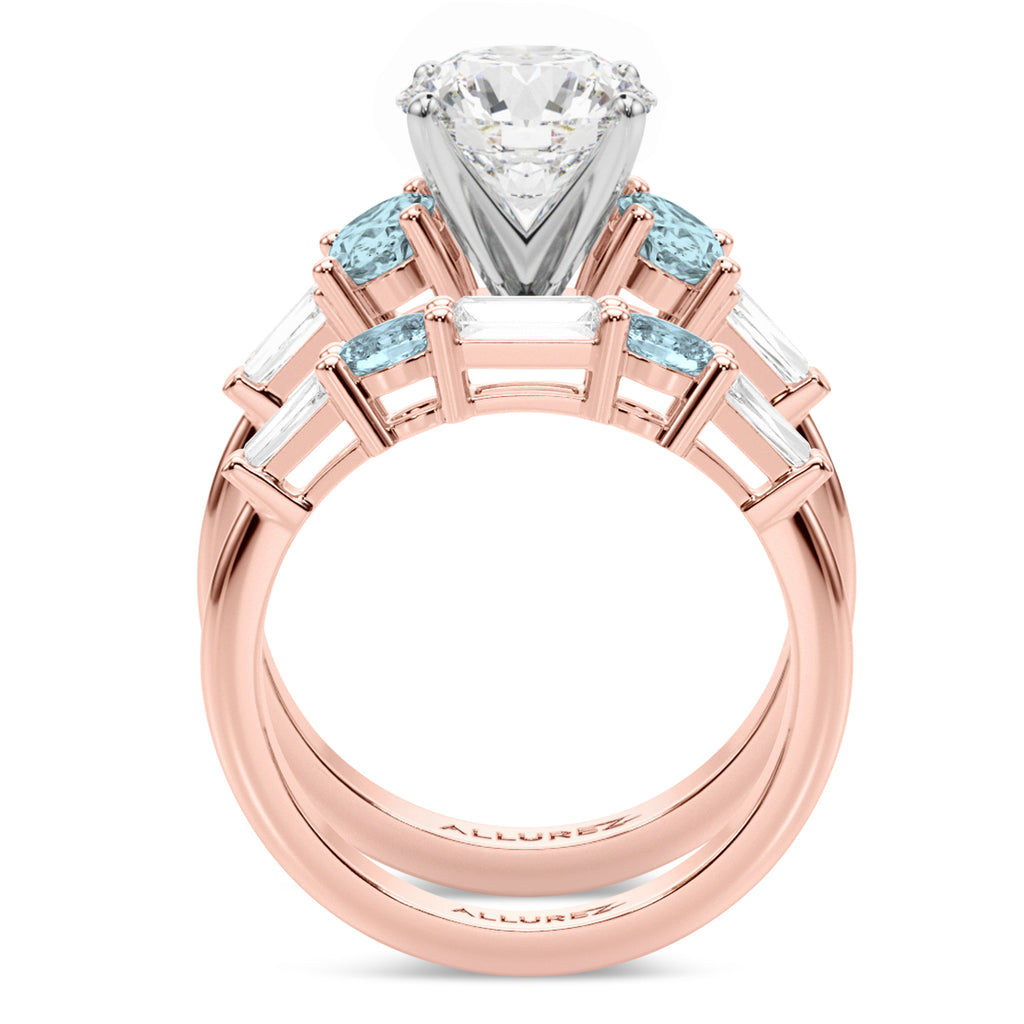 Round Lab Diamond & Oval Aquamarine Bridal Set 14K Rose Gold (4.65ct)