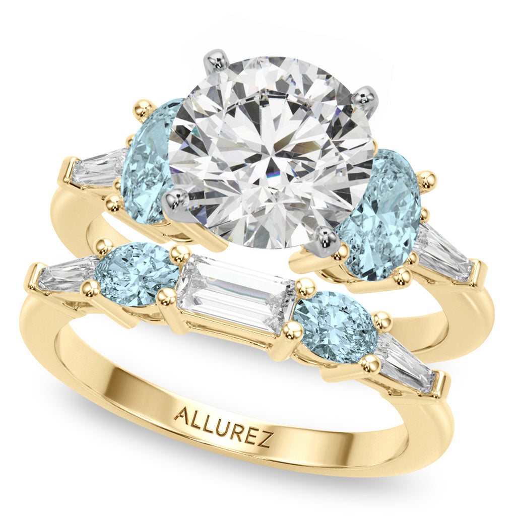 Round Lab Diamond & Oval Aquamarine Bridal Set 18K Yellow Gold (4.65ct)