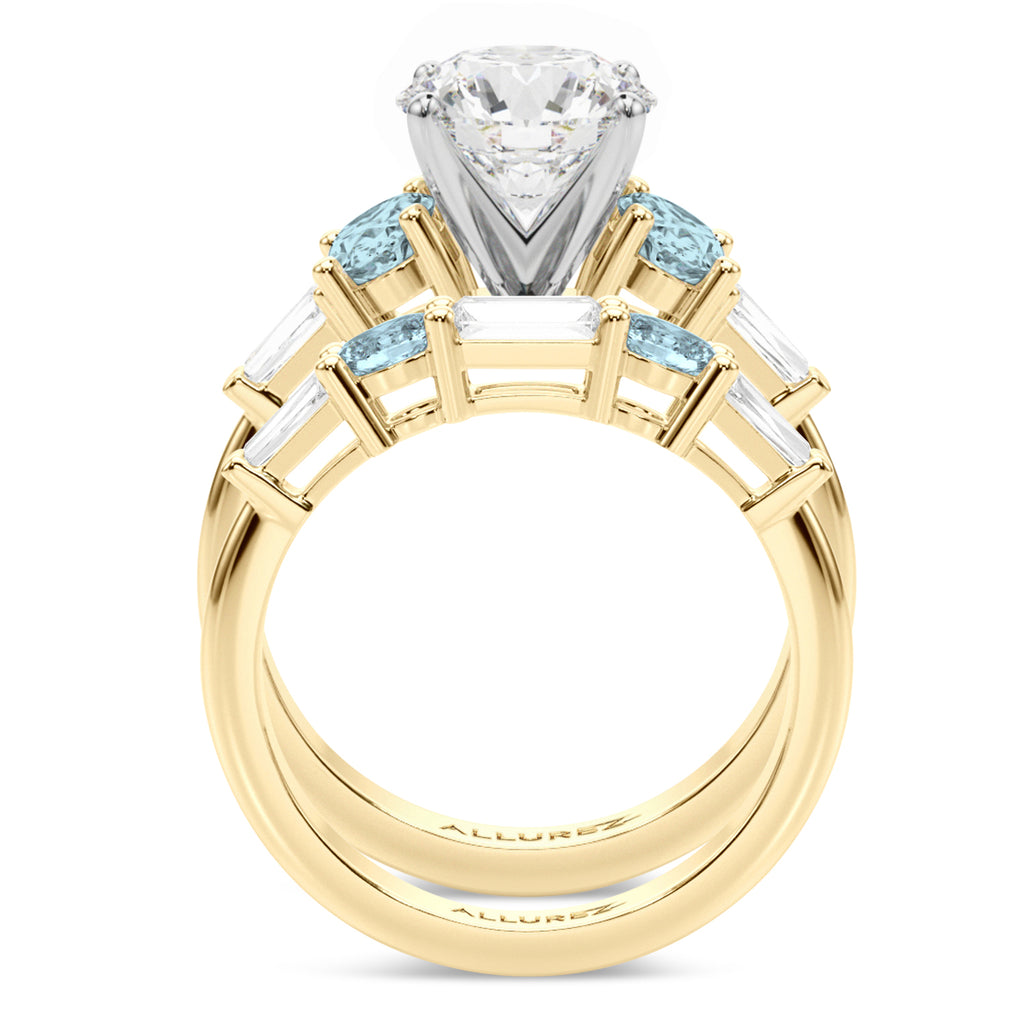 Round Lab Diamond & Oval Aquamarine Bridal Set 18K Yellow Gold (4.65ct)
