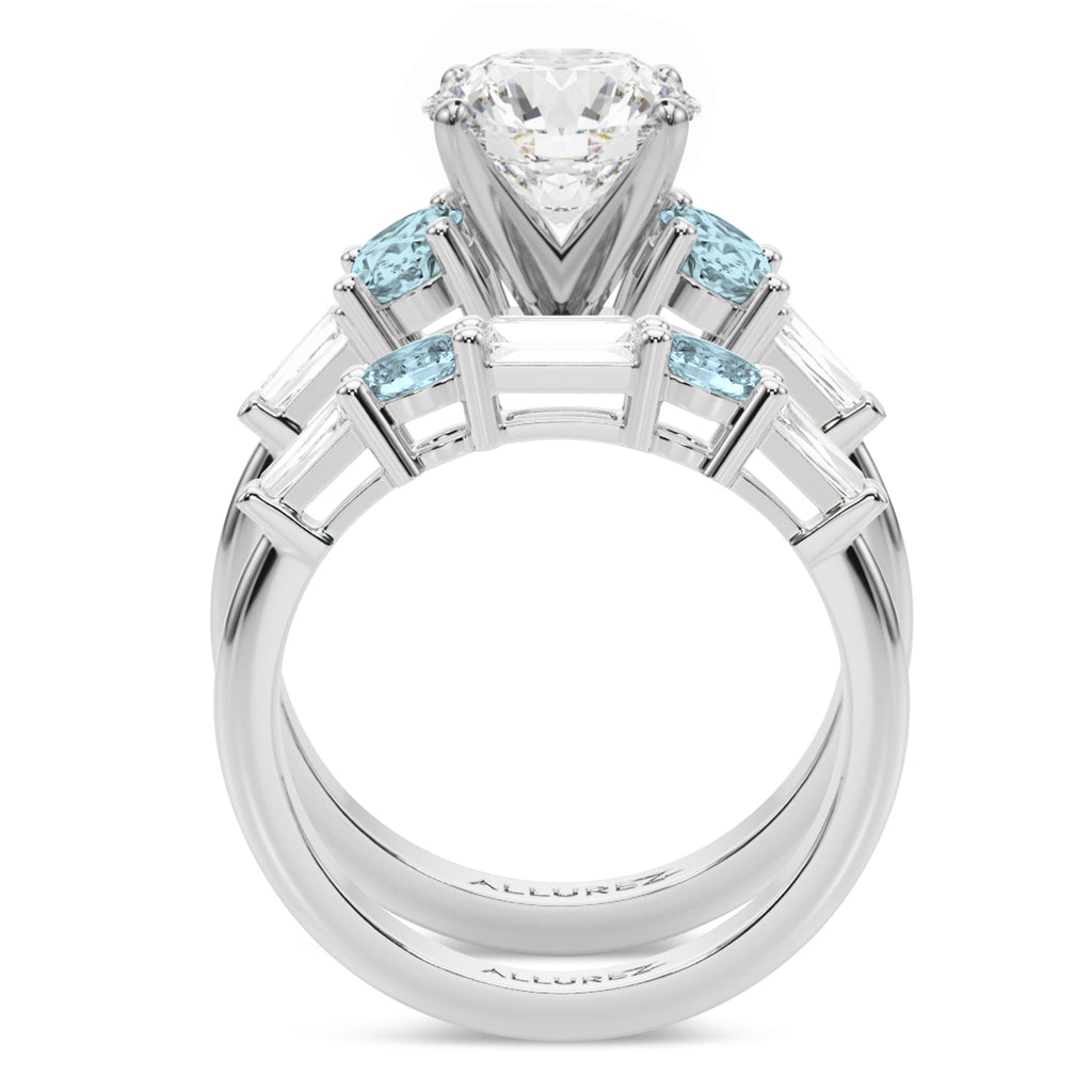 Round Lab Diamond & Oval Aquamarine Bridal Set in Platinum (4.65ct)