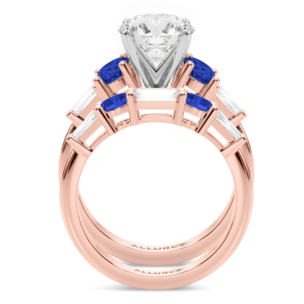 Round Lab Diamond & Oval Blue Sapphire Bridal Set 14K Rose Gold (5.17ct)