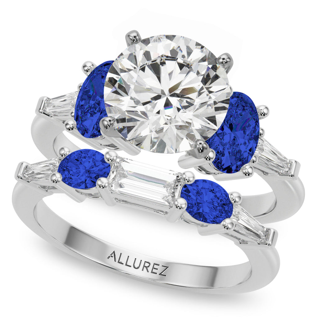Round Lab Grown Diamond & Oval Blue Sapphire Bridal Set 14K White Gold (5.17ct)