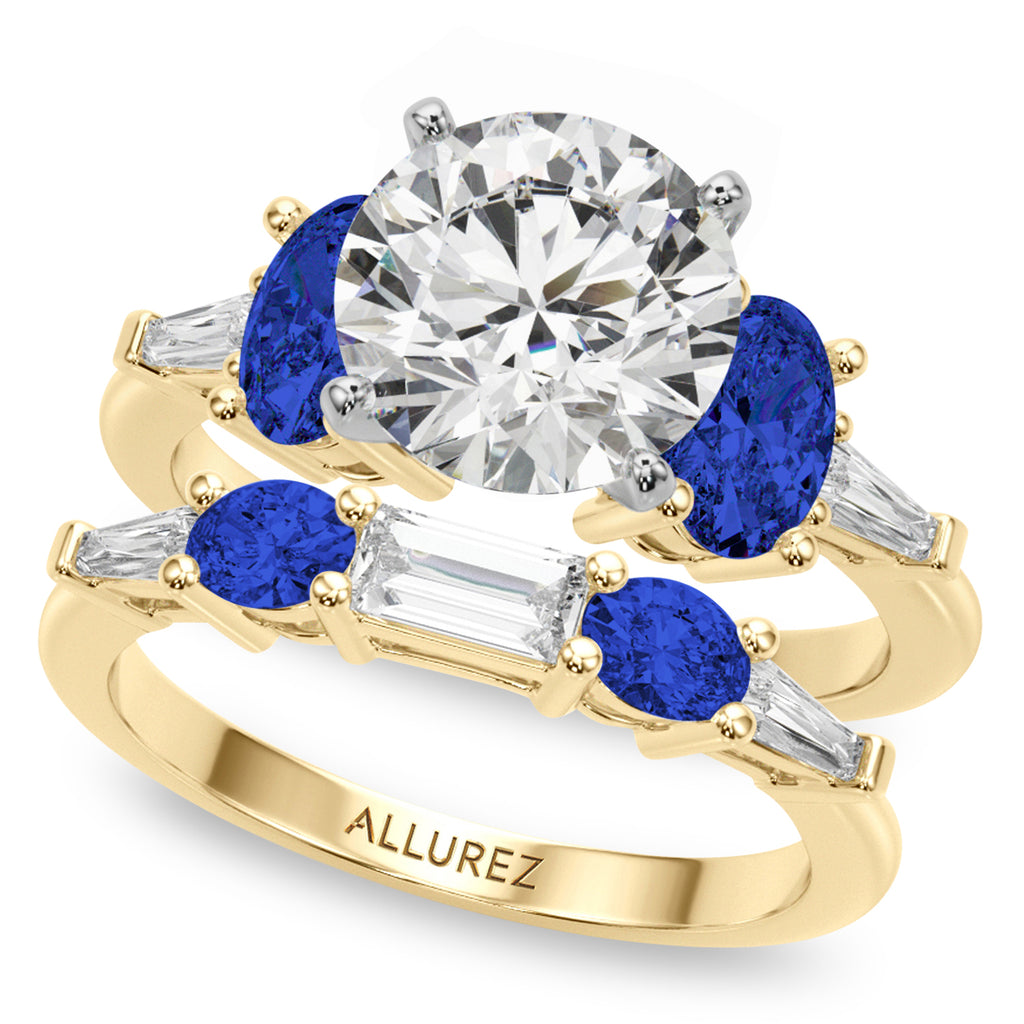 Round Lab Diamond & Oval Blue Sapphire Bridal Set 14K Yellow Gold (5.17ct)