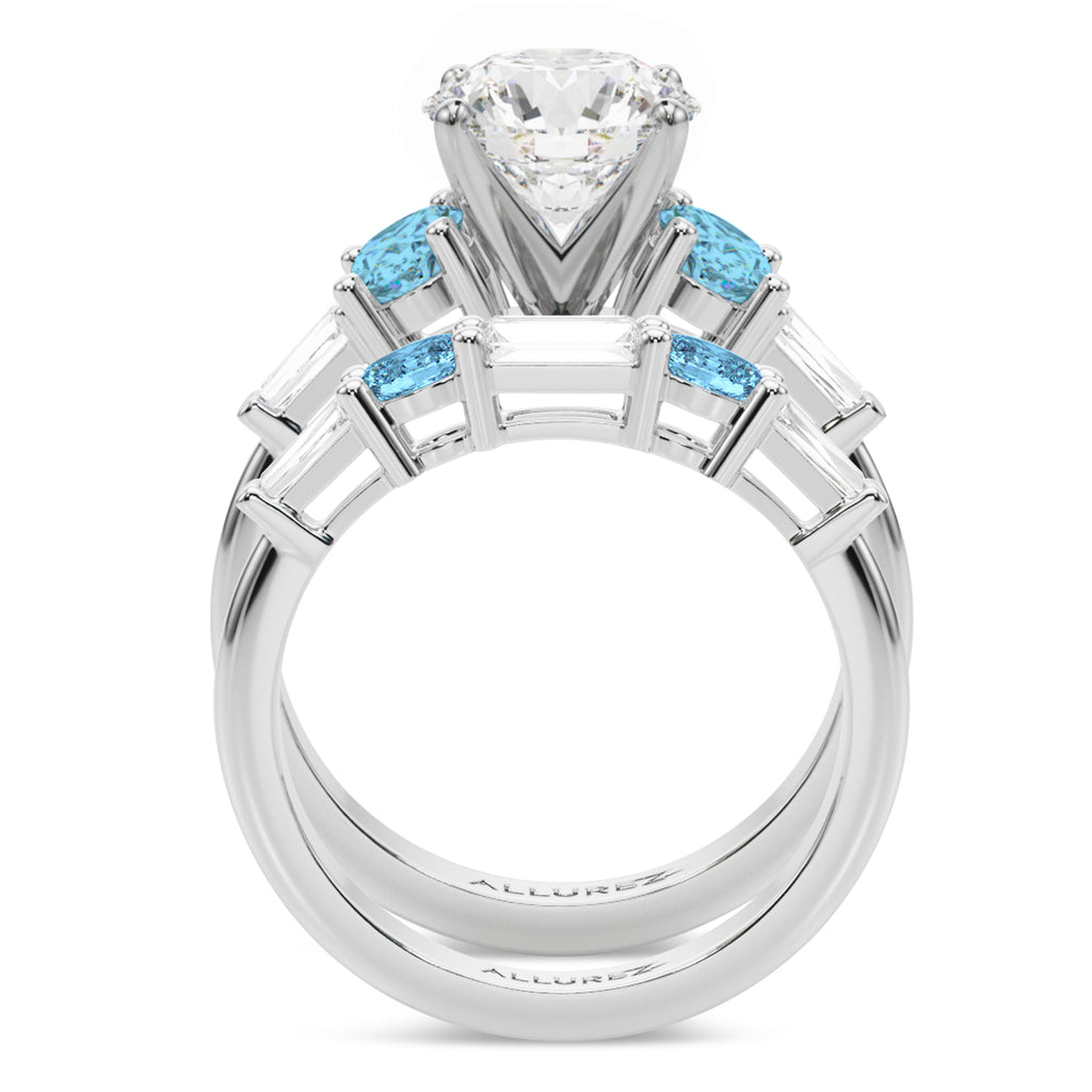 Round Lab Grown Diamond & Oval Blue Topaz Bridal Set 14K White Gold (4.97ct)