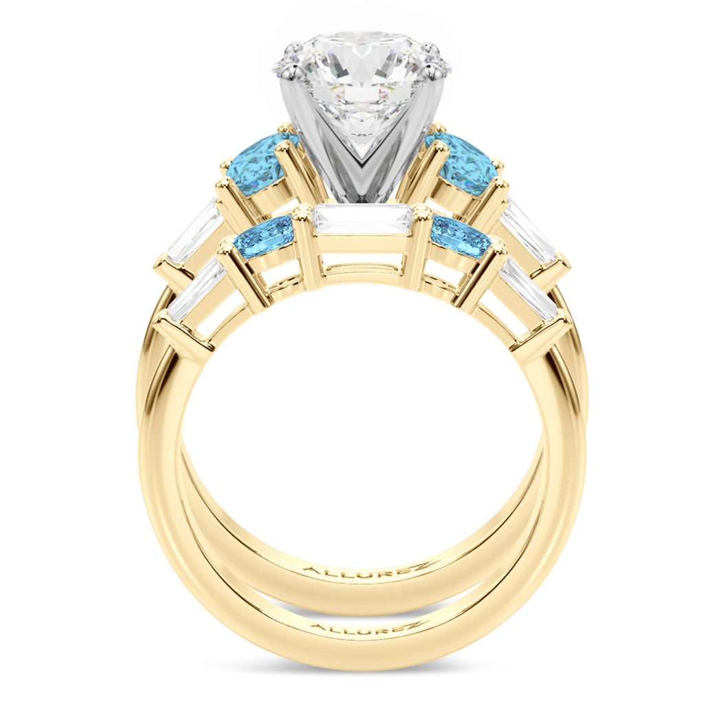 Round Lab Diamond & Oval Blue Topaz Bridal Set 14K Yellow Gold (4.97ct)