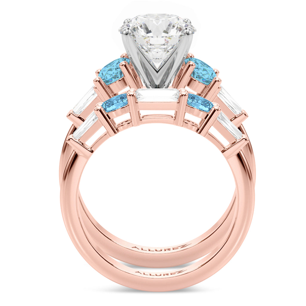 Round Lab Diamond & Oval Blue Topaz Bridal Set 18K Rose Gold (4.97ct)