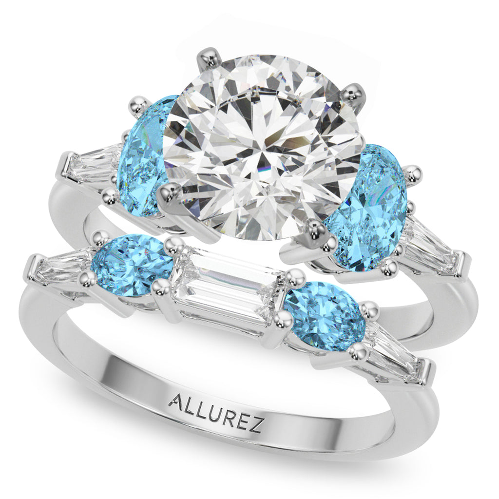 Round Lab Diamond & Oval Blue Topaz Bridal Set 18K White Gold (4.97ct)