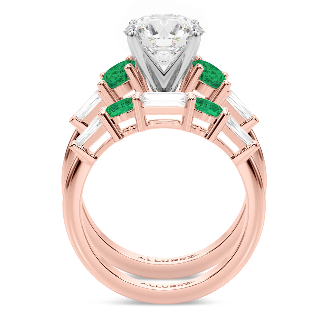 Round Lab Diamond & Oval Emerald Bridal Set 14K Rose Gold (4.65ct)