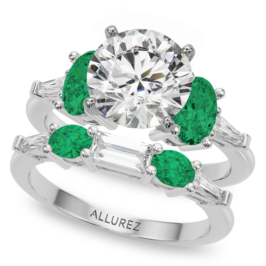 Round Lab Diamond & Oval Emerald Bridal Set 18K White Gold (4.65ct)