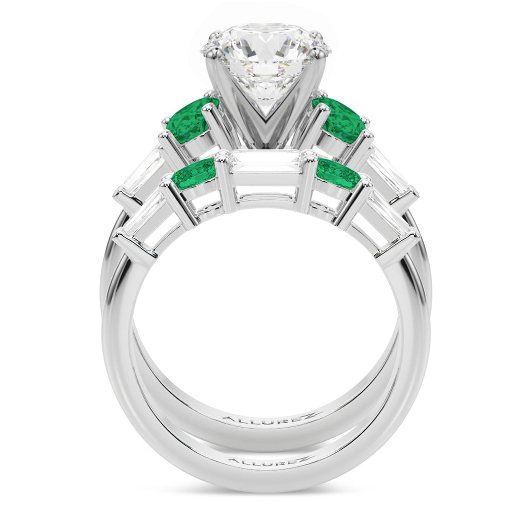 Round Lab Diamond & Oval Emerald Bridal Set 18K White Gold (4.65ct)