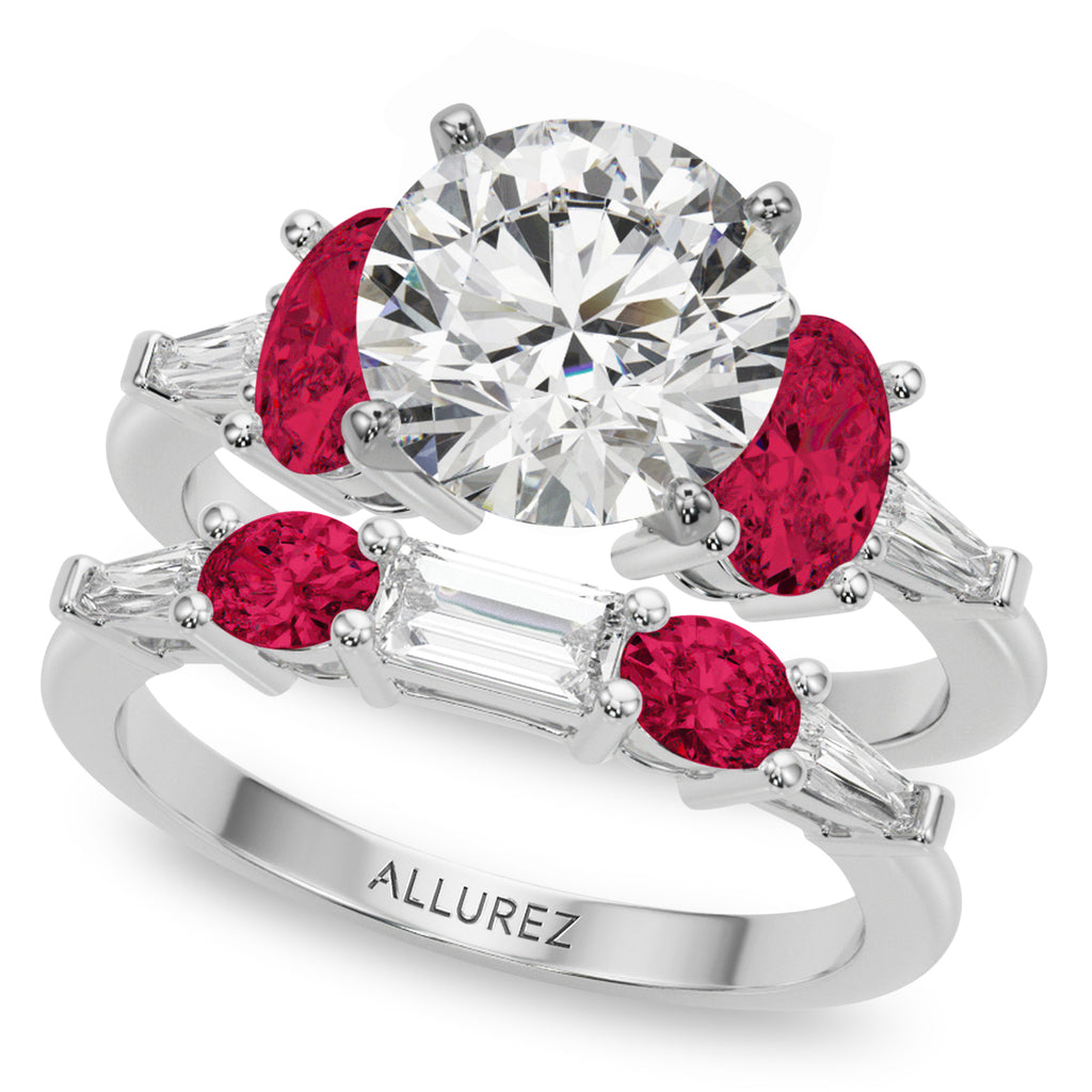 Round Lab Grown Diamond & Oval Ruby Bridal Set 14K White Gold (5.09ct)