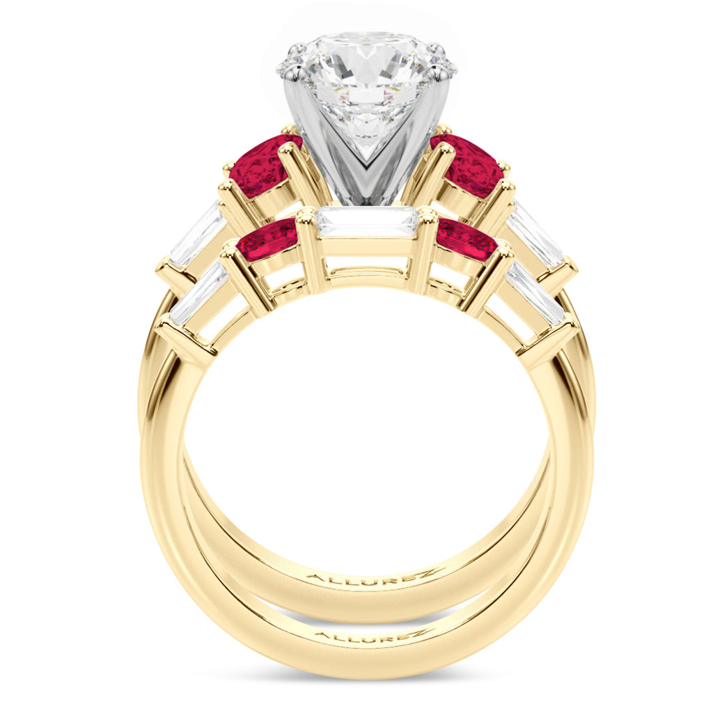 Round Lab Diamond & Oval Ruby Bridal Set 14K Yellow Gold (5.09ct)
