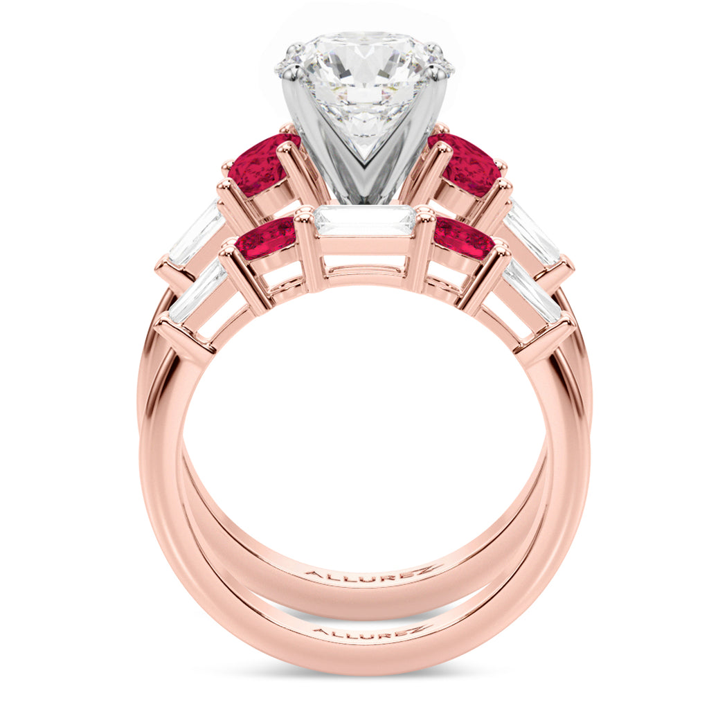 Round Lab Diamond & Oval Ruby Bridal Set 18K Rose Gold (5.09ct)
