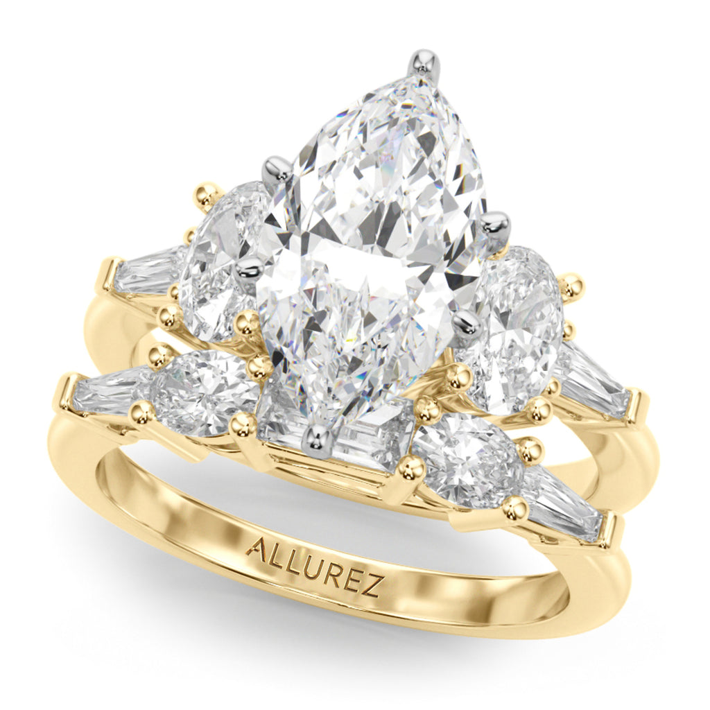 Marquise Lab Diamond Engagement Ring Bridal Set 14K Yellow Gold (4.93ct)