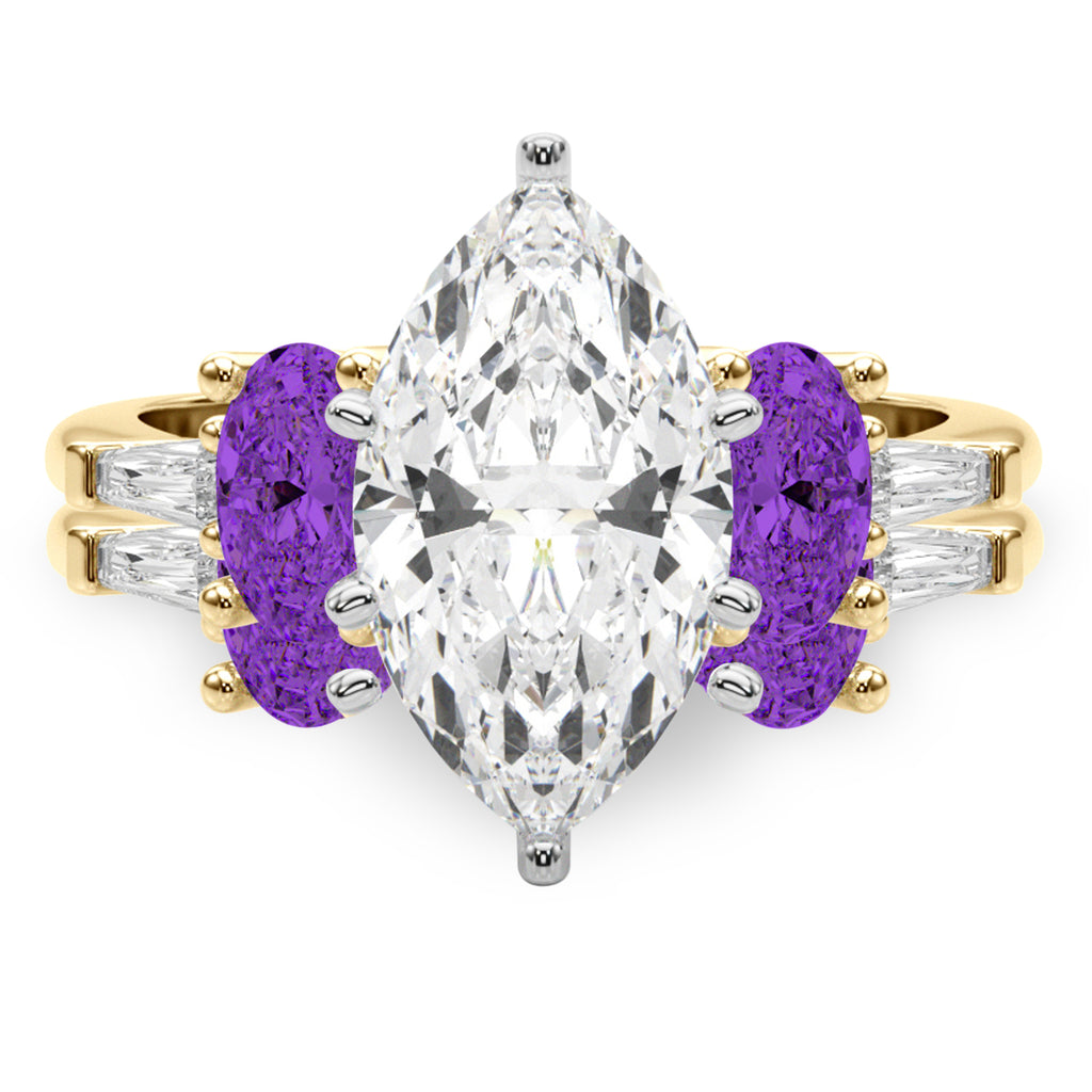Marquise Lab Diamond & Oval Amethyst Bridal Set 14K Yellow Gold (4.65ct)