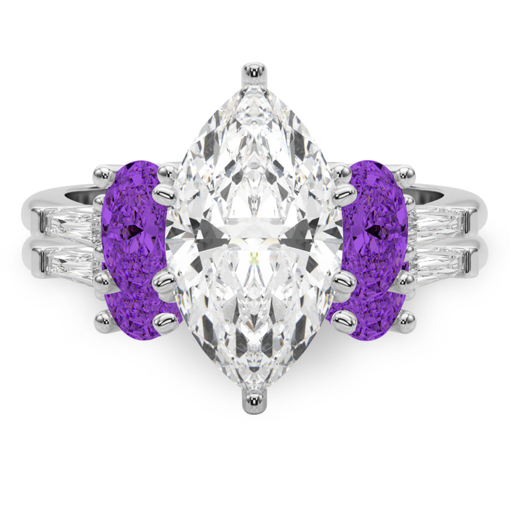 Marquise Lab Diamond & Oval Amethyst Bridal Set in Palladium (4.65ct)