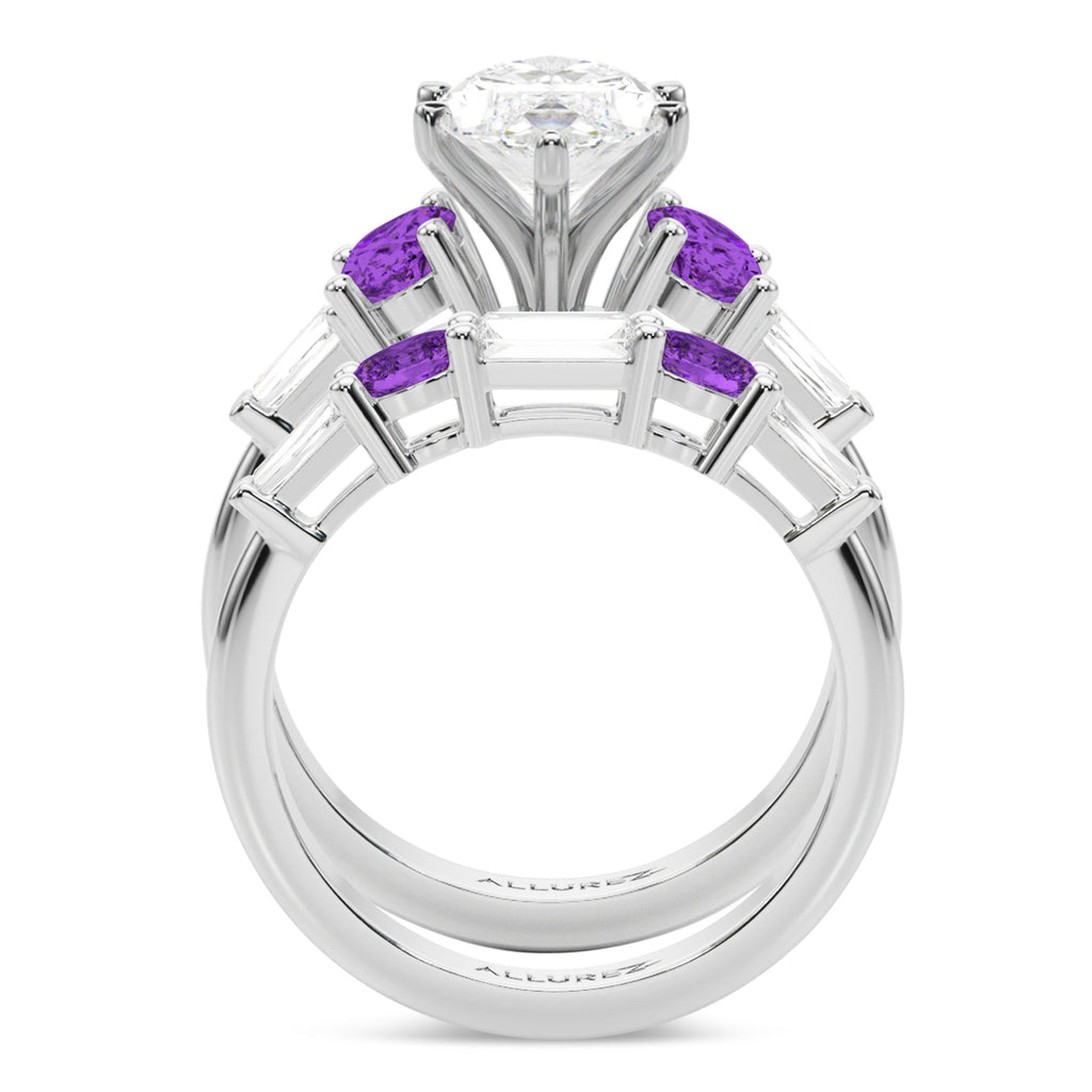 Marquise Lab Diamond & Oval Amethyst Bridal Set in Palladium (4.65ct)