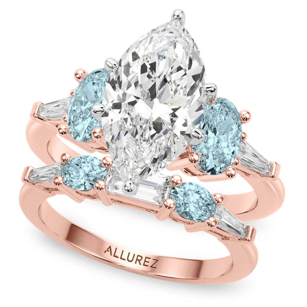 Marquise Lab Diamond & Oval Aquamarine Bridal Set 14K Rose Gold (4.65ct)