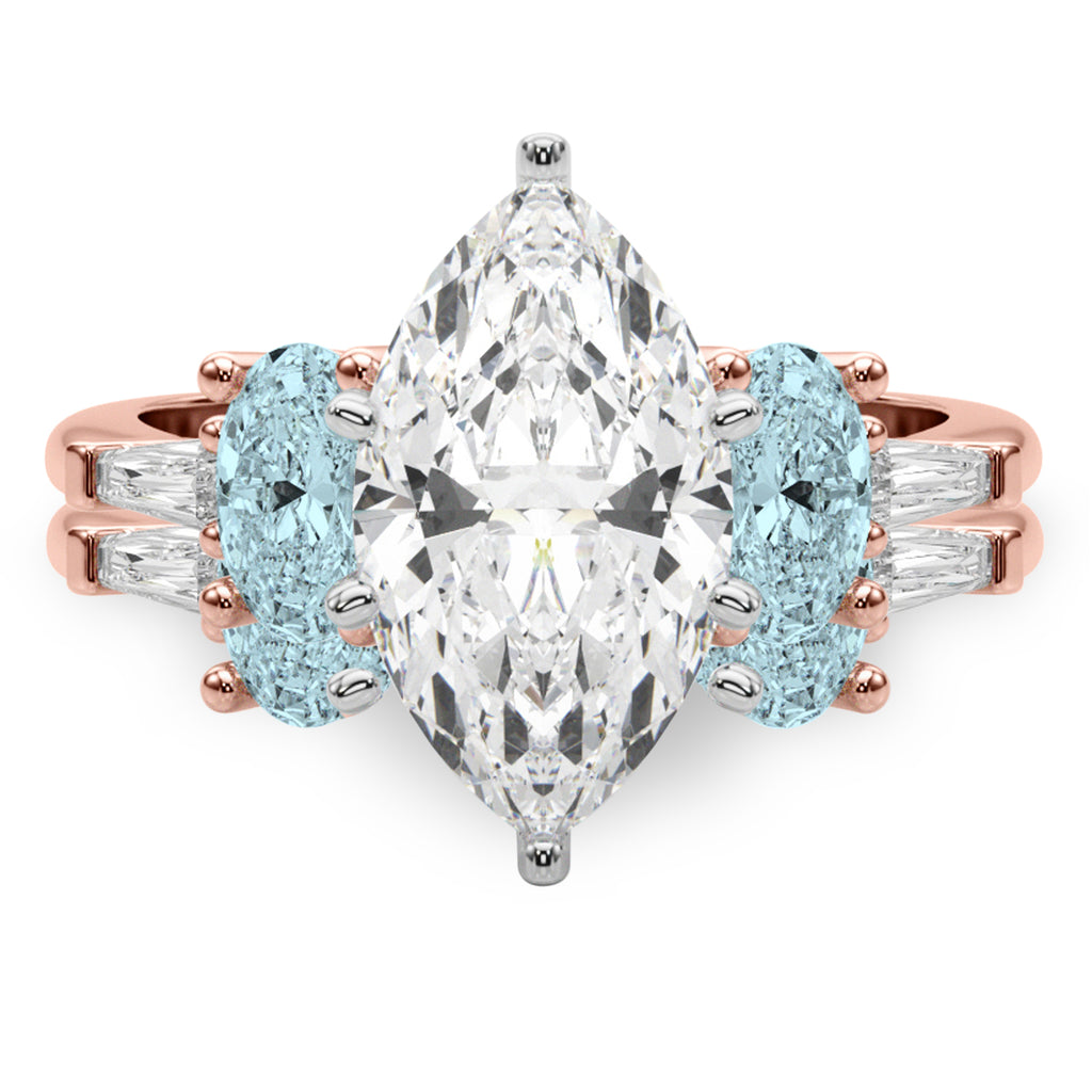 Marquise Lab Diamond & Oval Aquamarine Bridal Set 14K Rose Gold (4.65ct)
