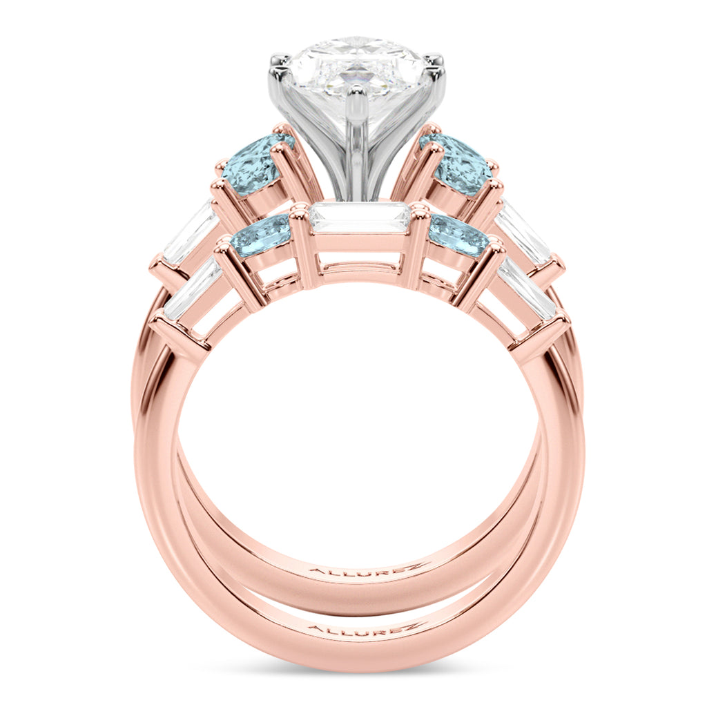 Marquise Lab Diamond & Oval Aquamarine Bridal Set 14K Rose Gold (4.65ct)