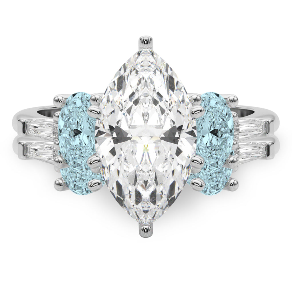 Marquise Lab Diamond & Oval Aquamarine Bridal Set 14K White Gold (4.65ct)