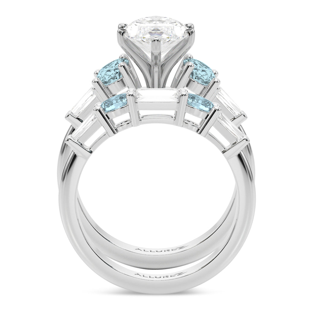 Marquise Lab Diamond & Oval Aquamarine Bridal Set 14K White Gold (4.65ct)