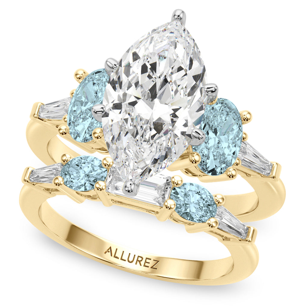 Marquise Lab Diamond & Oval Aquamarine Bridal Set 18K Yellow Gold (4.65ct)