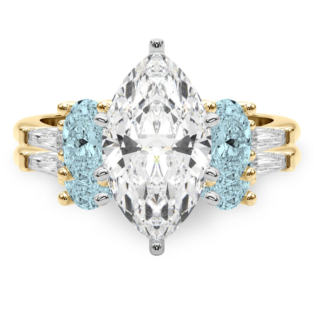 Marquise Lab Diamond & Oval Aquamarine Bridal Set 18K Yellow Gold (4.65ct)