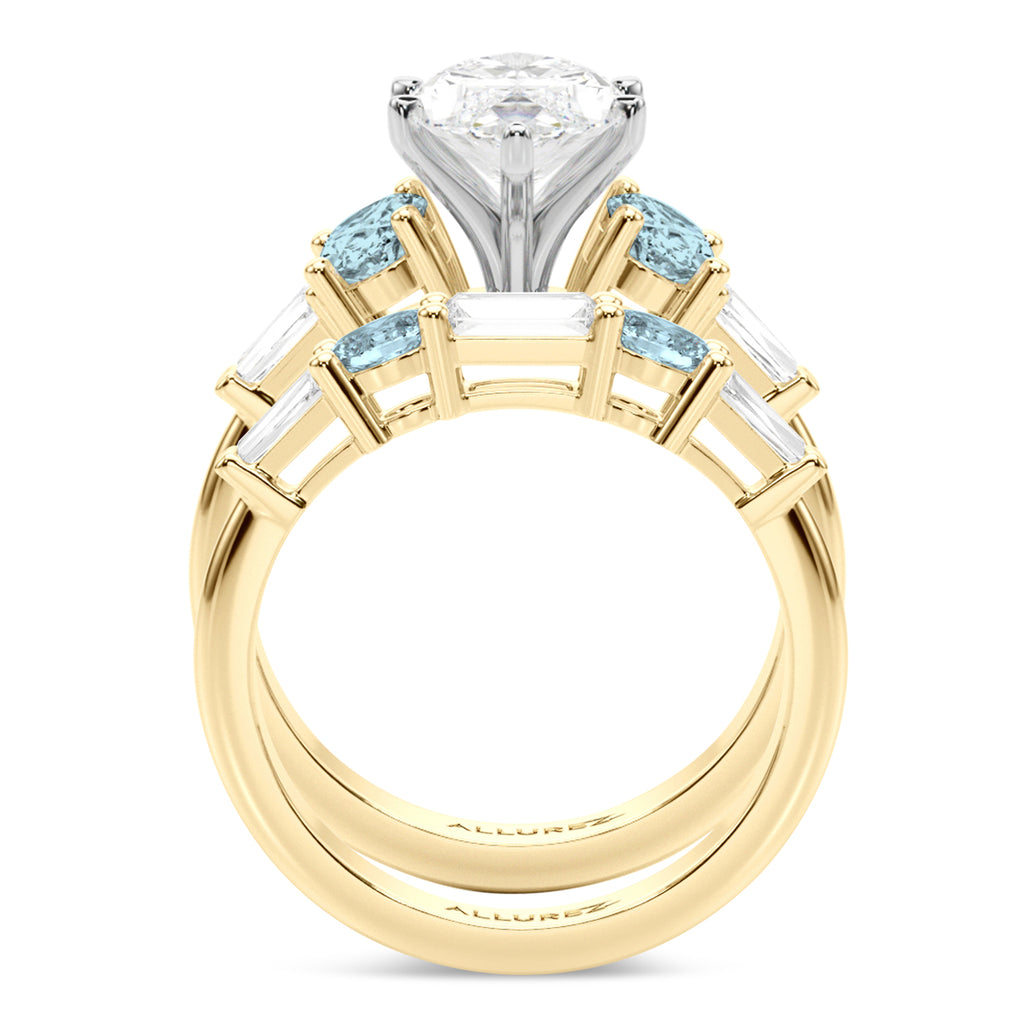 Marquise Lab Diamond & Oval Aquamarine Bridal Set 18K Yellow Gold (4.65ct)