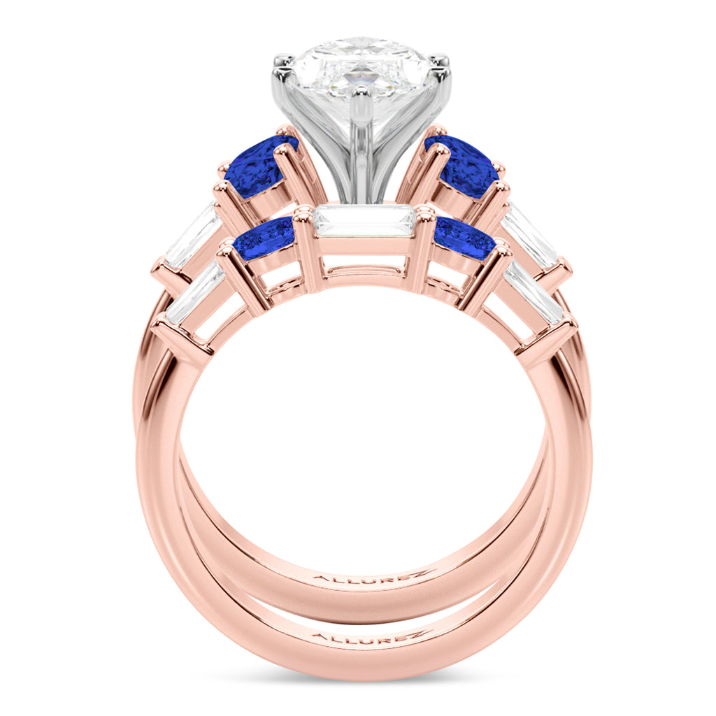 Marquise Lab Diamond & Oval Blue Sapphire Bridal Set 14K Rose Gold (5.17ct)
