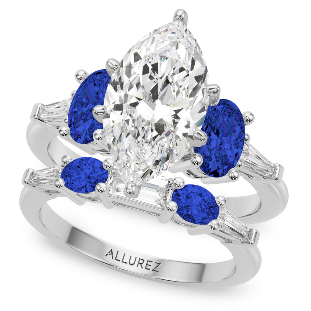 Marquise Lab Grown Diamond & Oval Blue Sapphire Bridal Set 14K White Gold (5.17ct)