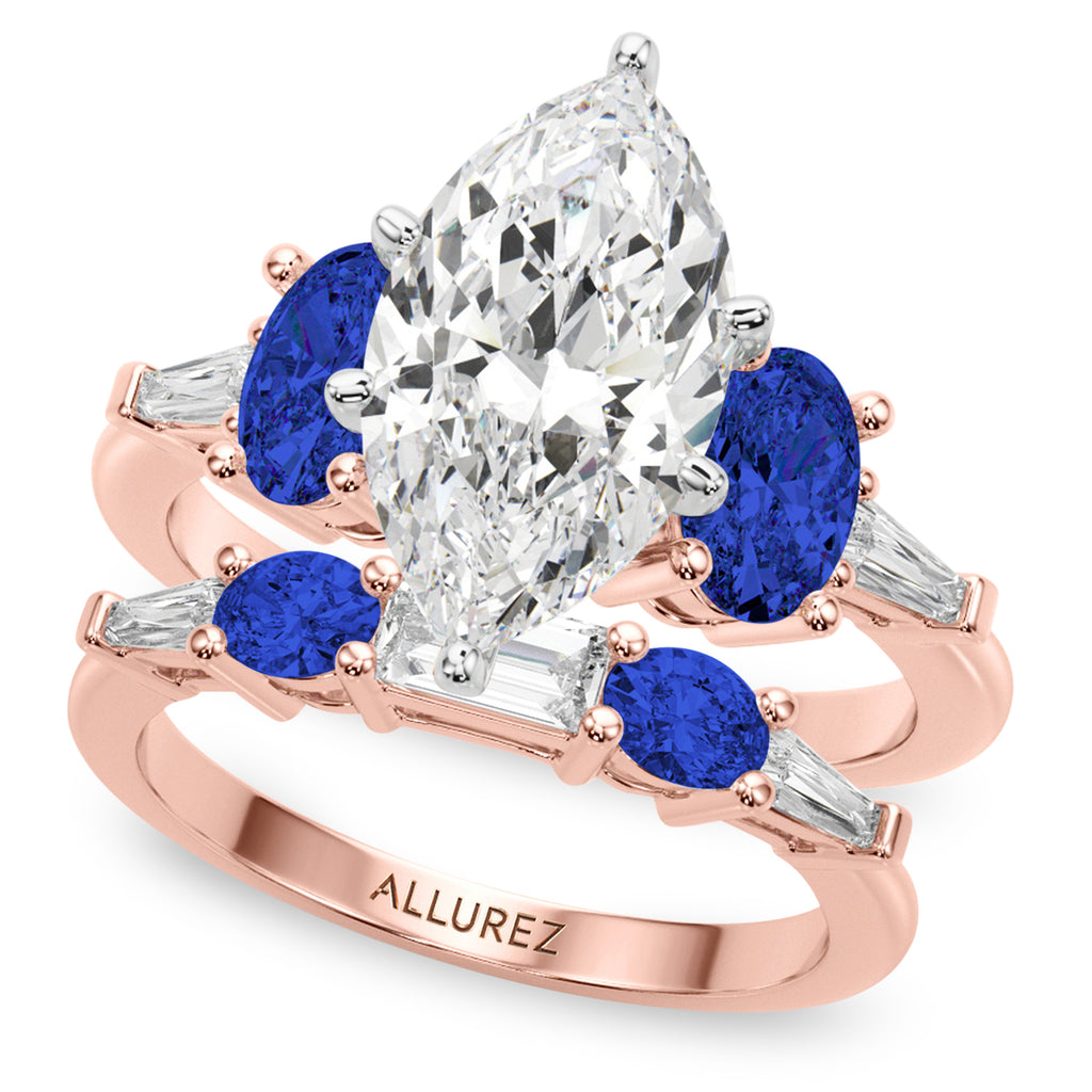 Marquise Lab Diamond & Oval Blue Sapphire Bridal Set 18K Rose Gold (5.17ct)