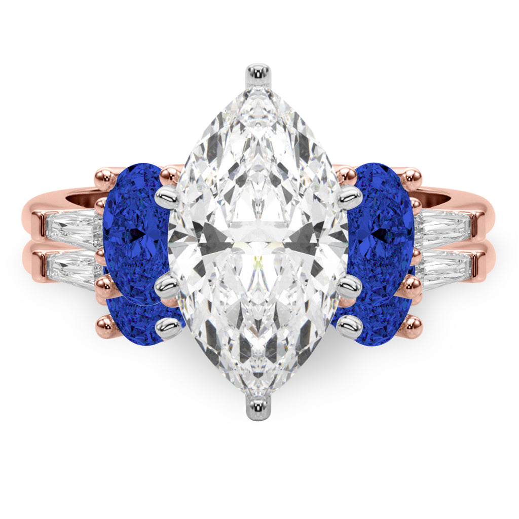 Marquise Lab Diamond & Oval Blue Sapphire Bridal Set 18K Rose Gold (5.17ct)