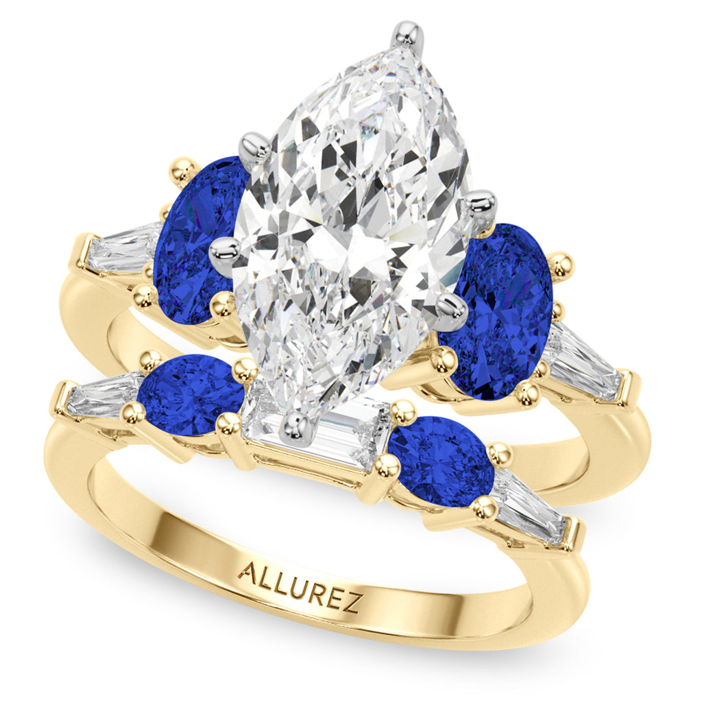 Marquise Lab Diamond & Oval Blue Sapphire Bridal Set 18K Yellow Gold (5.17ct)