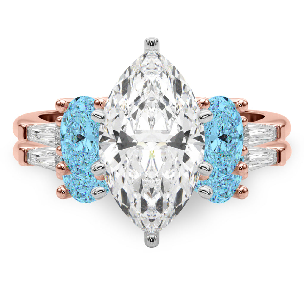 Marquise Lab Diamond & Oval Blue Topaz Bridal Set 14K Rose Gold (4.97ct)