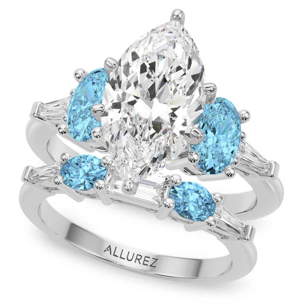 Marquise Lab Diamond & Oval Blue Topaz Bridal Set 14K White Gold (4.97ct)