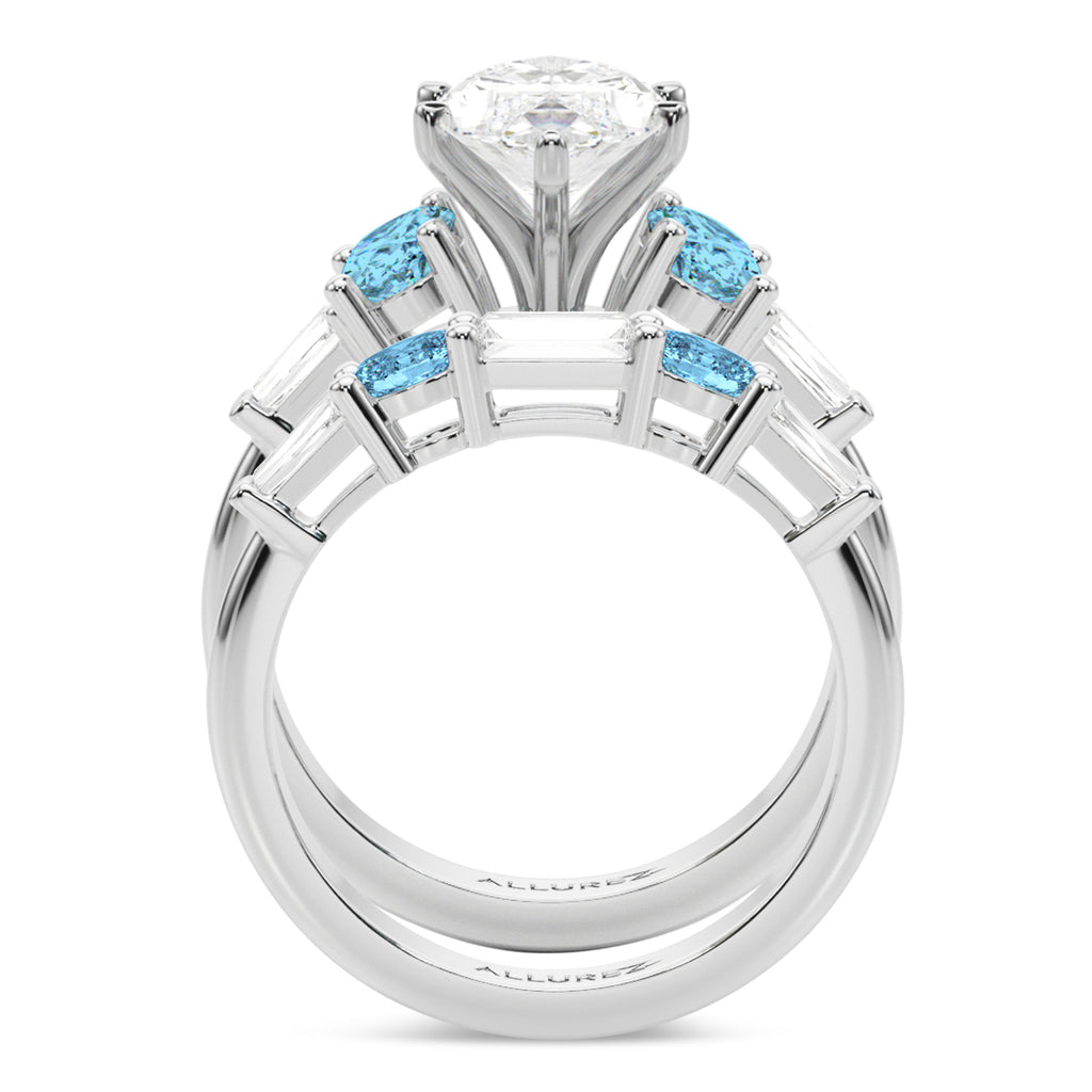 Marquise Lab Diamond & Oval Blue Topaz Bridal Set 14K White Gold (4.97ct)
