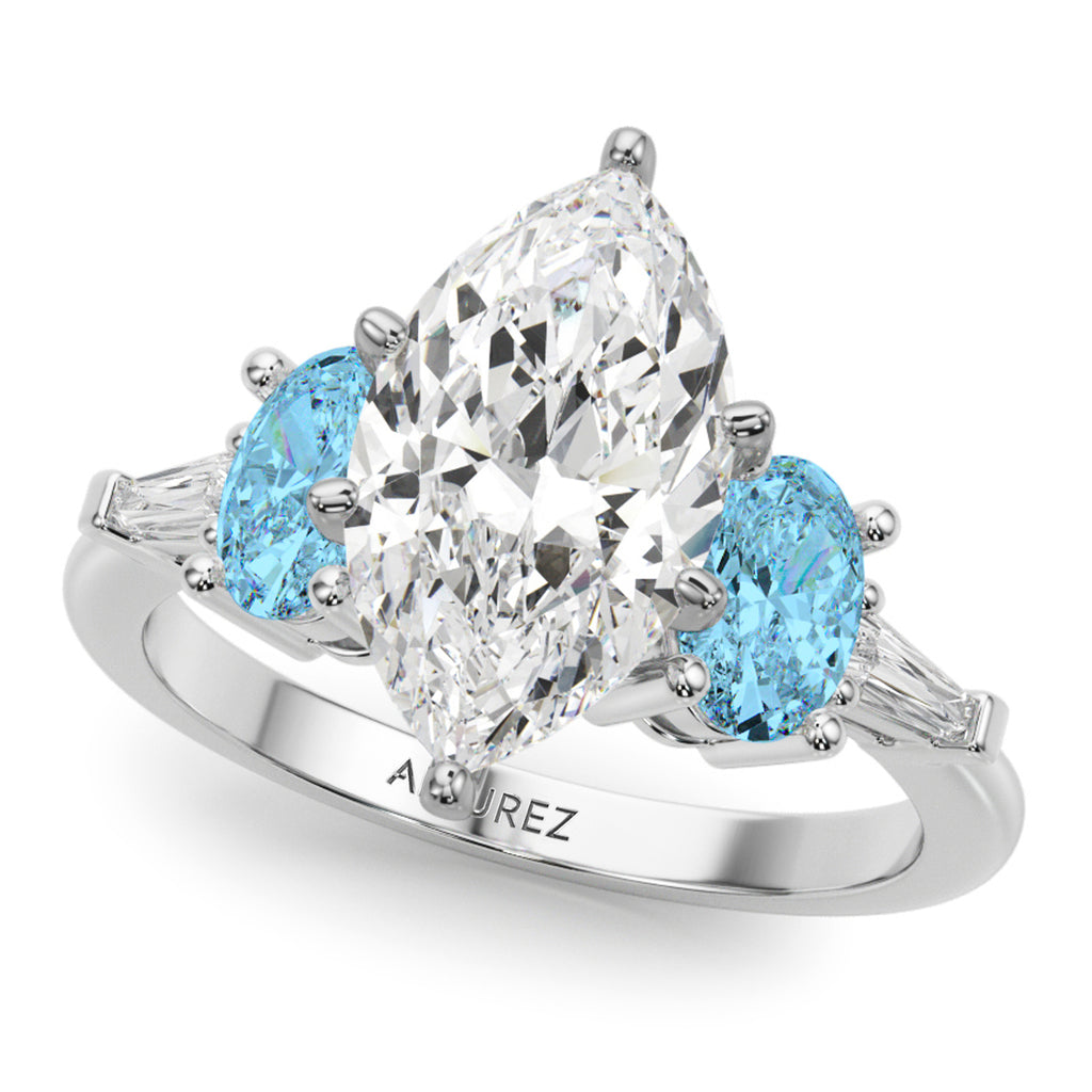 Marquise Lab Diamond & Oval Blue Topaz Bridal Set 14K White Gold (4.97ct)