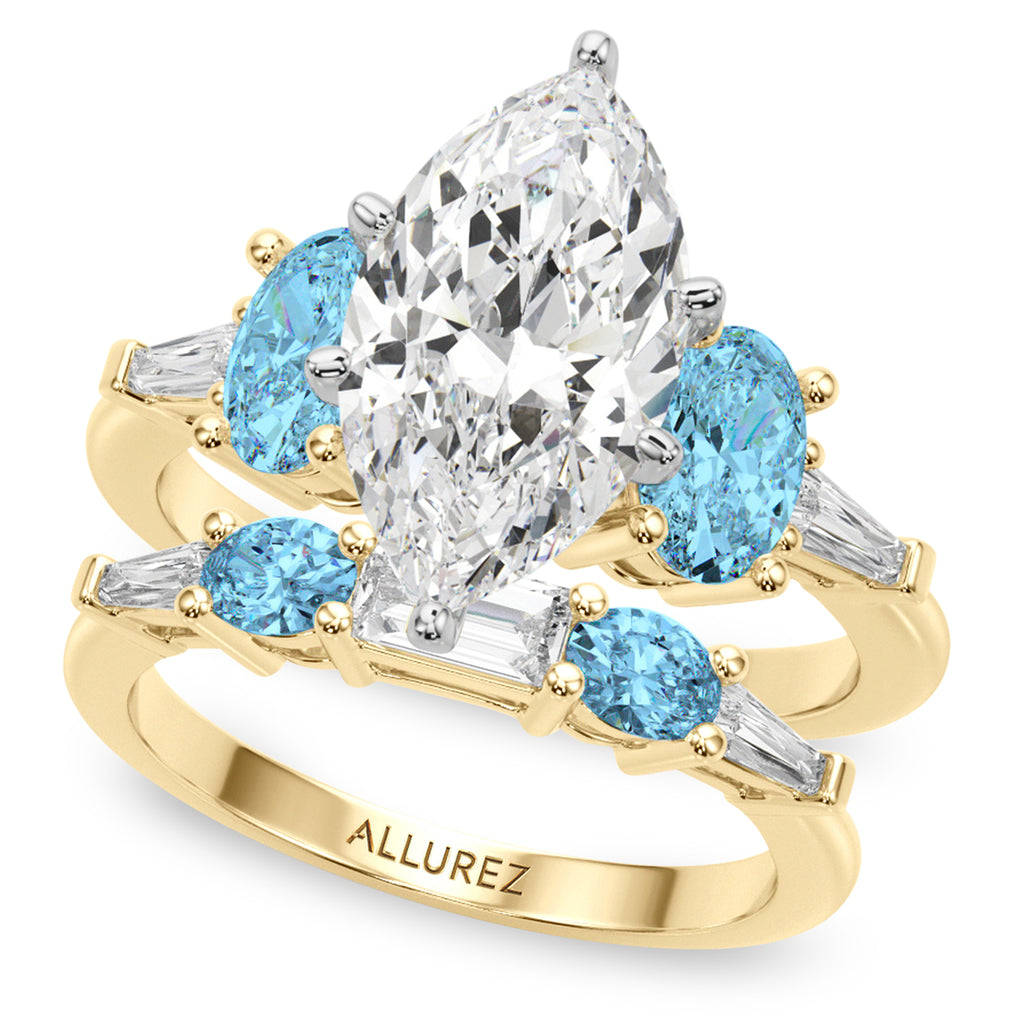 Marquise Lab Diamond & Oval Blue Topaz Bridal Set 14K Yellow Gold (4.97ct)