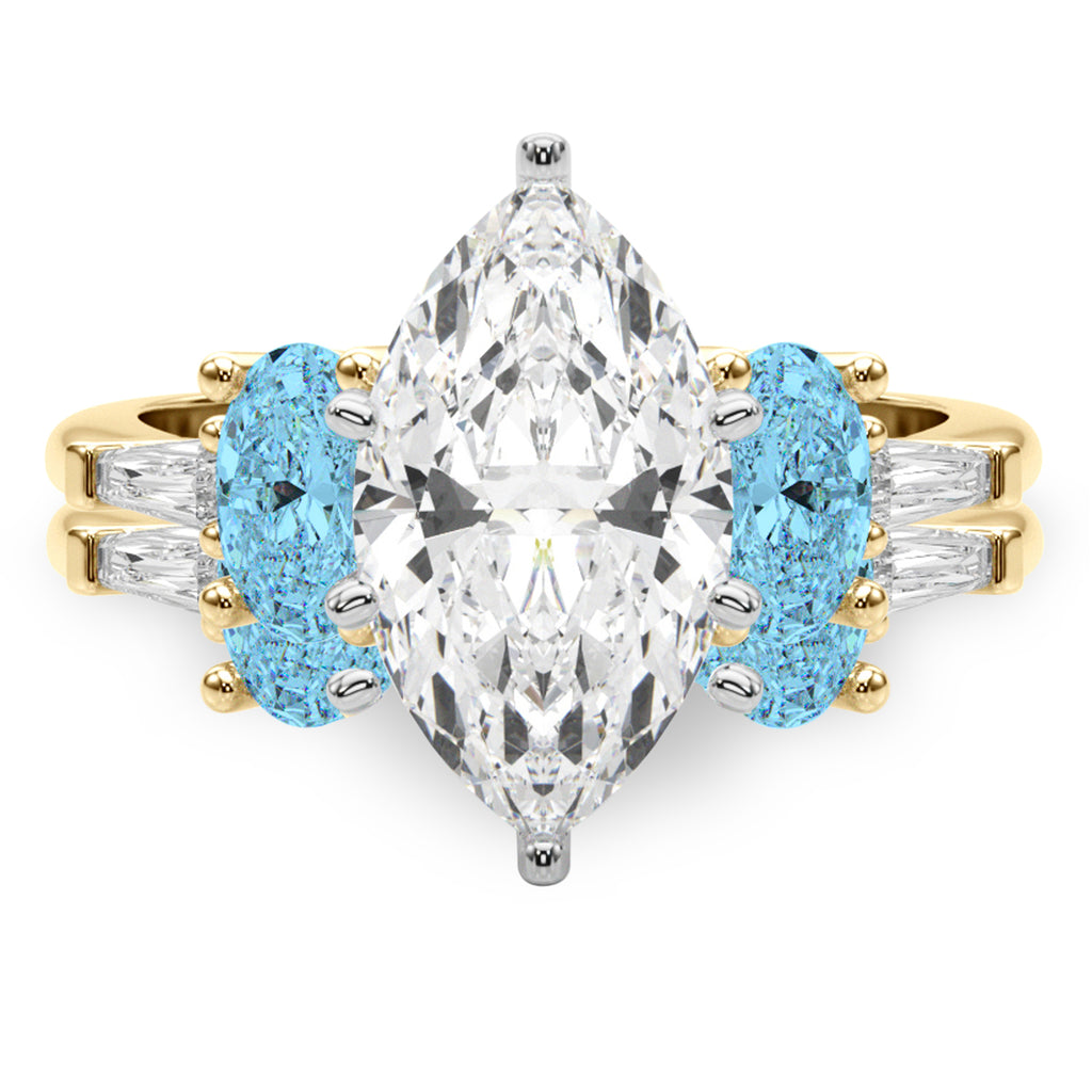 Marquise Lab Diamond & Oval Blue Topaz Bridal Set 14K Yellow Gold (4.97ct)